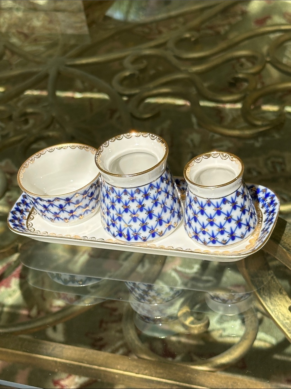 LOMONOSOV PORCELAIN SET, 4USSR, ST, ST. PETERSBURG Blue and White